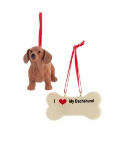 Kurt Adler I Love My Red Dachshund With Dog Bone Ornaments