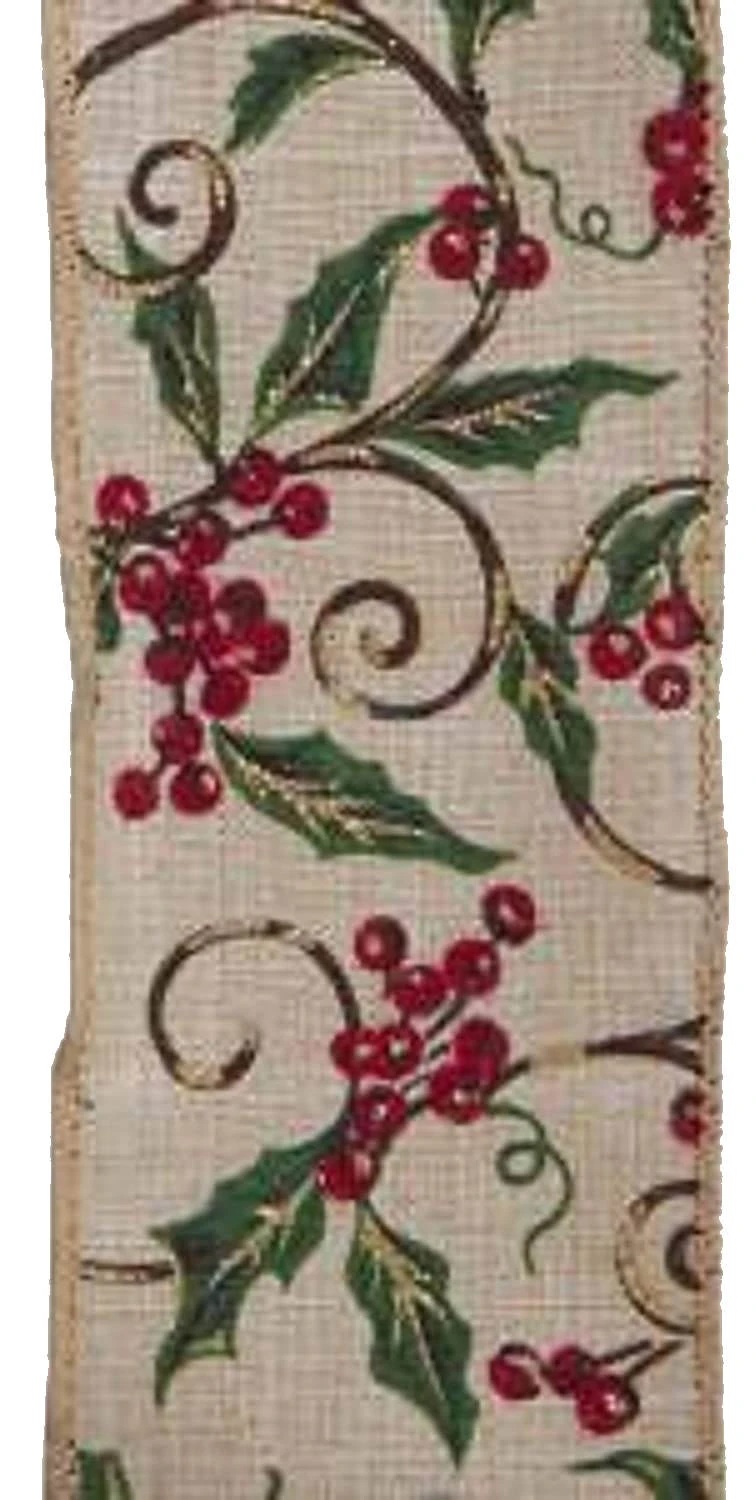 Kurt Adler Holly Print Wire Ribbon - 2.5" X 10 Yards 1 Kurt Adler Holly Print Wire Ribbon - 2.5" X 10 Yards