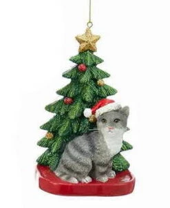 Kurt Adler Cat With A Christmas Tree Ornament - Grey