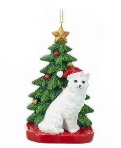 Kurt Adler Cat With A Christmas Tree Ornament - White