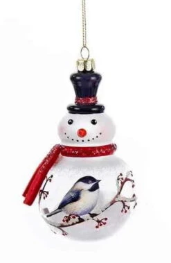 Kurt Adler Glass Snowman With Chickadee Ornaments