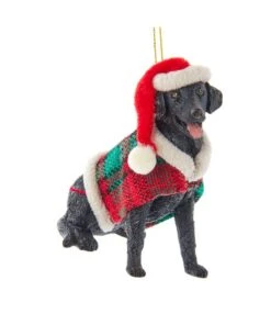 Kurt Adler Black Labrador With Plaid Coat And Santa Hat Ornament