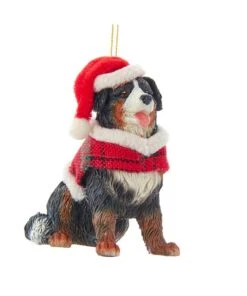 Kurt Adler Bernese Mountain Dog With Plaid Coat And Santa Hat Ornament