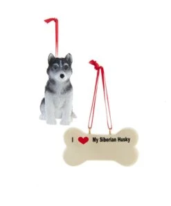 Kurt Adler I Love My Siberian Husky With Dog Bone Ornaments