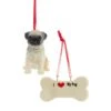 Kurt Adler I Love My Pug With Dog Bone Ornaments