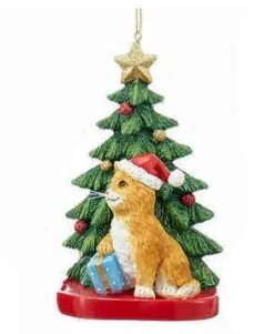 Kurt Adler Cat With A Christmas Tree Ornament - Tabby