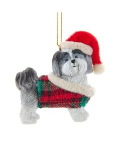 Kurt Adler Grey Shih-Tzu With Plaid Coat And Santa Hat Ornament