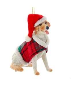 Kurt Adler Yellow Labrador Retriever With Plaid Coat And Santa Hat Ornament