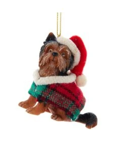 Kurt Adler Yorkshire Terrier With Plaid Coat And Santa Hat Ornament