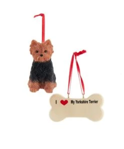 Kurt Adler I Love My Yorkshire Terrier With Dog Bone Ornaments