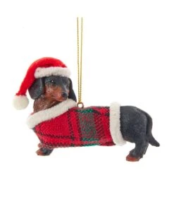 Kurt Adler Black And Tan Daschund With Plaid Coat And Santa Hat Ornament