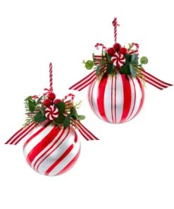 Kurt Adler Peppermint Glass Ball With Candy And Greenery Ornament -
