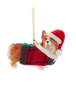 Kurt Adler Welsh Corgi With Plaid Coat And Santa Hat Ornament